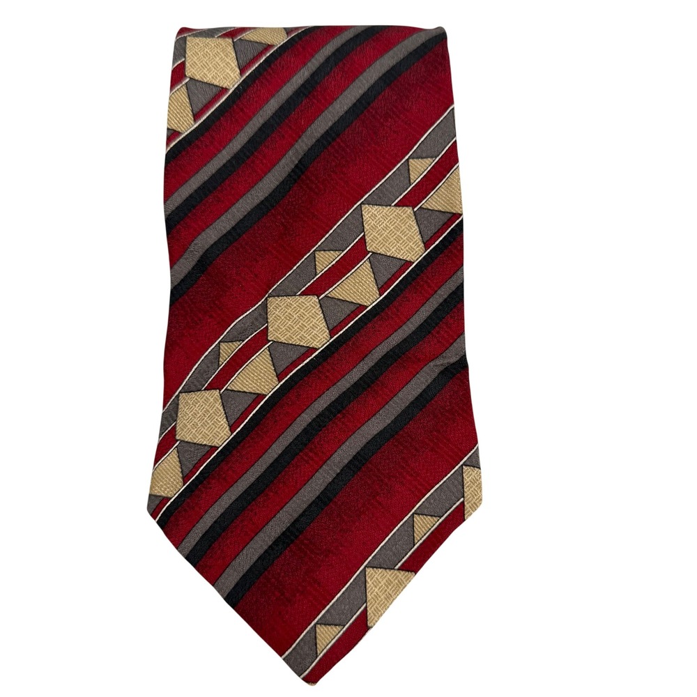 Henry Grethel Mens Silk Tie Red Grey Gold Geometric Striped Made in‎ USA Italian